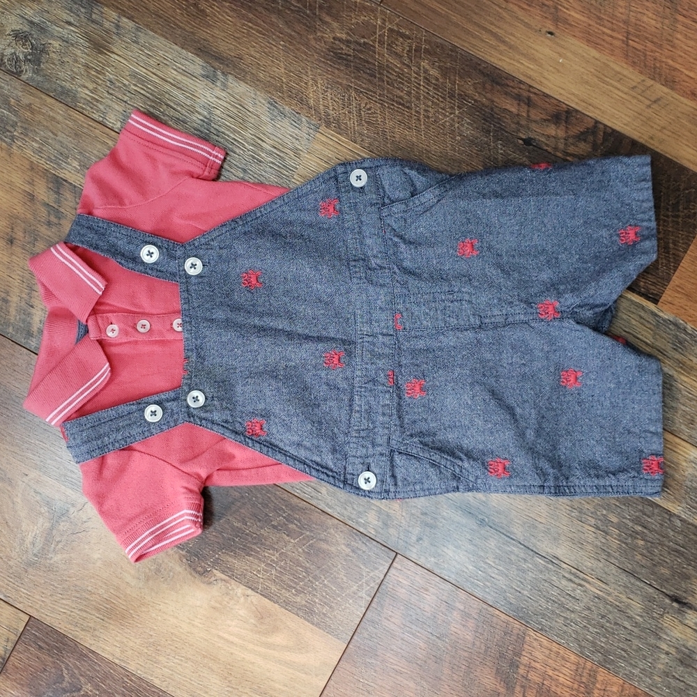 Crown & Ivy Coral Pink Collared Onesie and Crab Embroidered Overalls, 12M